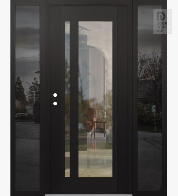 Modern Steel Front Door Diamond C15 68" x 80" black/black clear Glass Panel black RHI with 2 Sidelites mirrored Glass