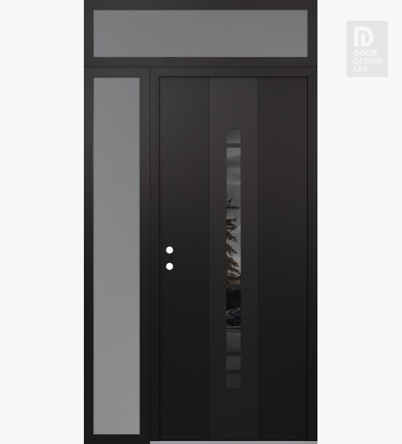 Modern Steel Front Door DIAMOND A3 50" X 96" BLACK/BLACK MIRRORED GLASS PANEL BLACK RHI WITH SIDELITE AND TRANSOM FROSTED GLASS