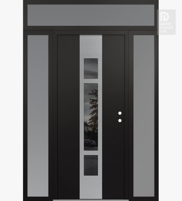 Modern Steel Front Door DIAMOND A9 64" X 96" BLACK/BLACK MIRRORED GLASS PANEL STAINLESS STEEL LHI WITH 2 SIDELITES AND TRANSOM FROSTED GLASS