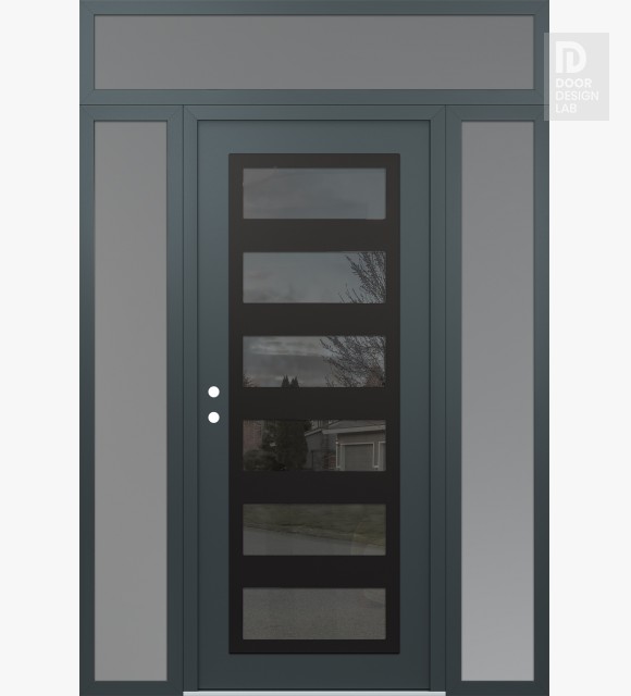 Modern Steel Front Door Diamond C9 64" x 96" anthracite/anthracite mirrored Glass Panel black RHI with 2 Sidelites and Transom frosted Glass