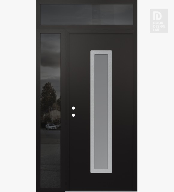 Modern Steel Front Door DIAMOND A11 48" X 96" BLACK/WHITE FROSTED GLASS PANEL STAINLESS STEEL RHI WITH SIDELITE AND TRANSOM MIRRORED GLASS