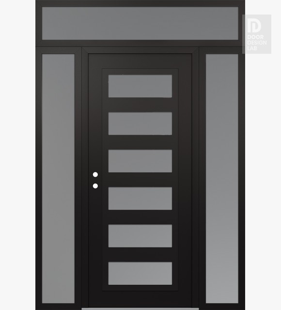 Modern Steel Front Door Diamond C9 68" x 96" black/white frosted Glass Panel black RHI with 2 Sidelites and Transom frosted Glass