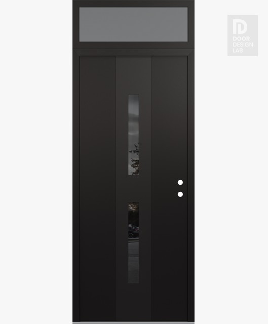 Modern Steel Front Door DIAMOND A6 36" X 96" BLACK/BLACK MIRRORED GLASS PANEL BLACK LHI WITH TRANSOM FROSTED GLASS