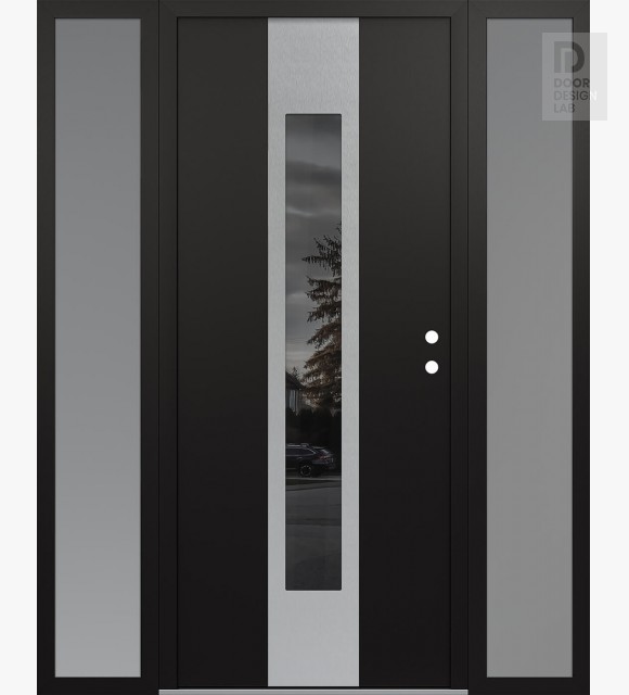 Modern Steel Front Door DIAMOND A1 68" X 80" BLACK/BLACK MIRRORED GLASS PANEL STAINLESS STEEL LHI WITH 2 SIDELITES FROSTED GLASS