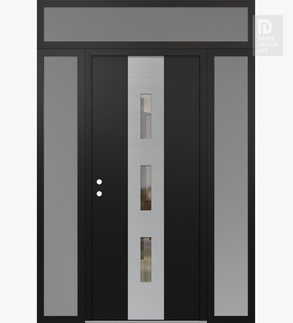 Modern Steel Front Door DIAMOND A7 68" X 96" BLACK/BLACK CLEAR GLASS PANEL STAINLESS STEEL RHI WITH 2 SIDELITES AND TRANSOM FROSTED GLASS