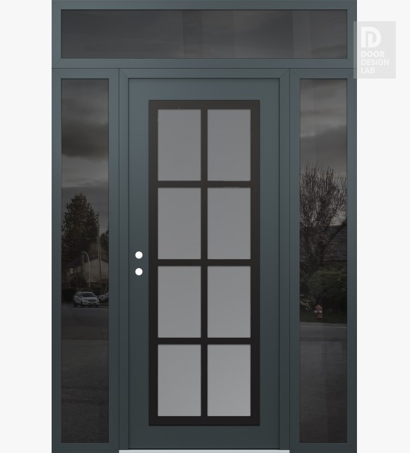 Modern Steel Front Door Diamond C16 64" x 96" anthracite/anthracite frosted Glass Panel black RHI with 2 Sidelites and Transom mirrored Glass
