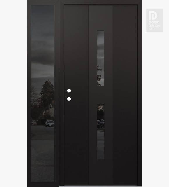 Modern Steel Front Door DIAMOND A6 50" X 80" BLACK/BLACK MIRRORED GLASS PANEL BLACK RHI WITH SIDELITE MIRRORED GLASS