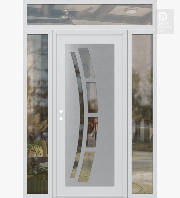 Modern Steel Front Door Diamond C12 64" x 96" white/white clear Glass Panel stainless steel RHI with 2 Sidelites and Transom clear Glass