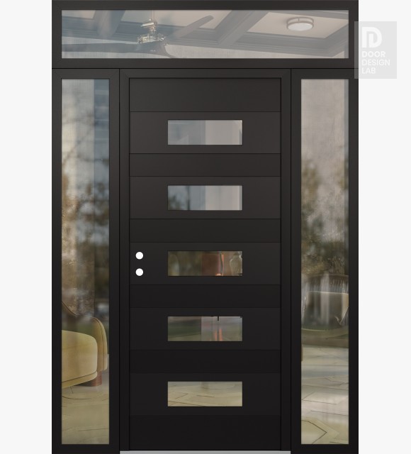 Modern Steel Front Door Diamond D5 68" x 96" black/black clear Glass Panel black RHI with 2 Sidelites and Transom clear Glass