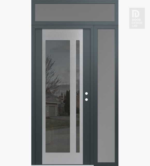 Modern Steel Front Door Diamond C15 52" x 96" anthracite/anthracite mirrored Glass Panel stainless steel LHI with Sidelite and Transom frosted Glass