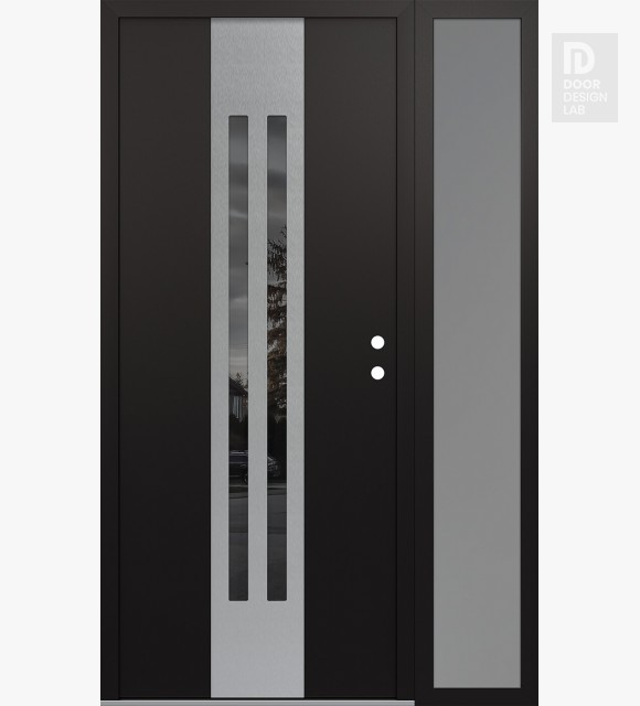 Modern Steel Front Door DIAMOND A8 52" X 80" BLACK/BLACK MIRRORED GLASS PANEL STAINLESS STEEL LHI WITH SIDELITE FROSTED GLASS