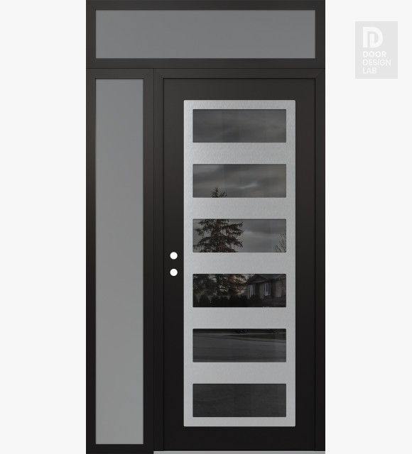 Modern Steel Front Door Diamond C9 52" x 96" black/black mirrored Glass Panel stainless steel RHI with Sidelite and Transom frosted Glass