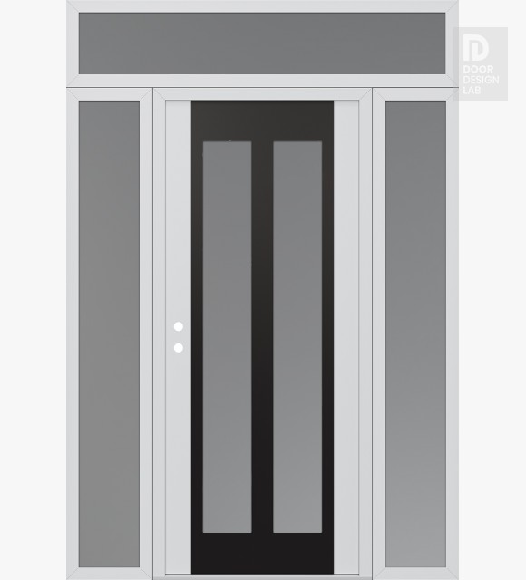 Modern Steel Front Door Diamond C14 68" x 96" white/white frosted Glass Panel black RHI with 2 Sidelites and Transom frosted Glass