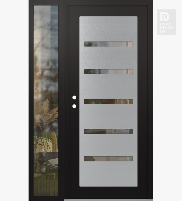 Modern Steel Front Door Diamond C7 50" x 80" black/black clear Glass Panel stainless steel RHI with Sidelite clear Glass