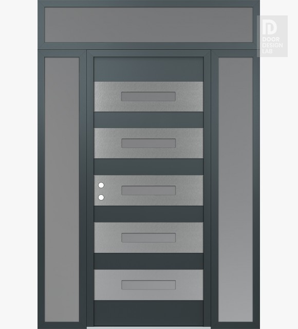 Modern Steel Front Door Diamond D9 68" x 96" anthracite/anthracite frosted Glass Panel stainless steel RHI with 2 Sidelites and Transom frosted Glass