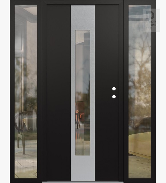 Modern Steel Front Door DIAMOND A1 64" X 80" BLACK/BLACK CLEAR GLASS PANEL STAINLESS STEEL LHI WITH 2 SIDELITES CLEAR GLASS