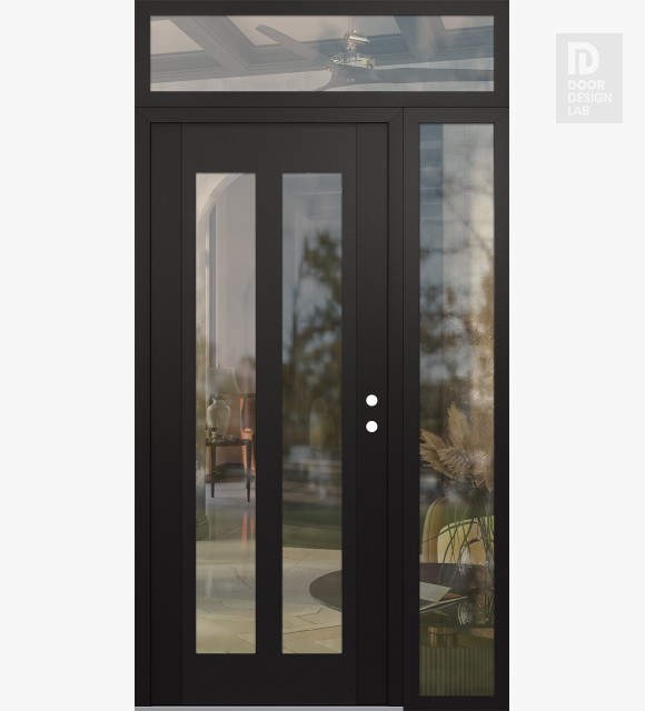 Modern Steel Front Door Diamond C14 48" x 96" black/black clear Glass Panel black LHI with Sidelite and Transom clear Glass
