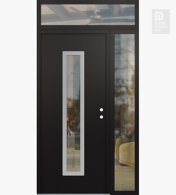 Modern Steel Front Door DIAMOND A11 48" X 96" BLACK/BLACK CLEAR GLASS PANEL STAINLESS STEEL LHI WITH SIDELITE AND TRANSOM CLEAR GLASS