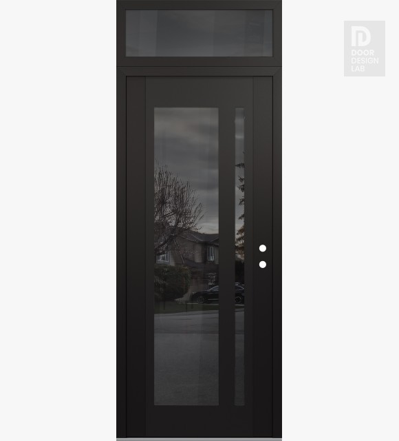 Modern Steel Front Door Diamond C15 36" x 96" black/black mirrored Glass Panel black LHI with Transom mirrored Glass