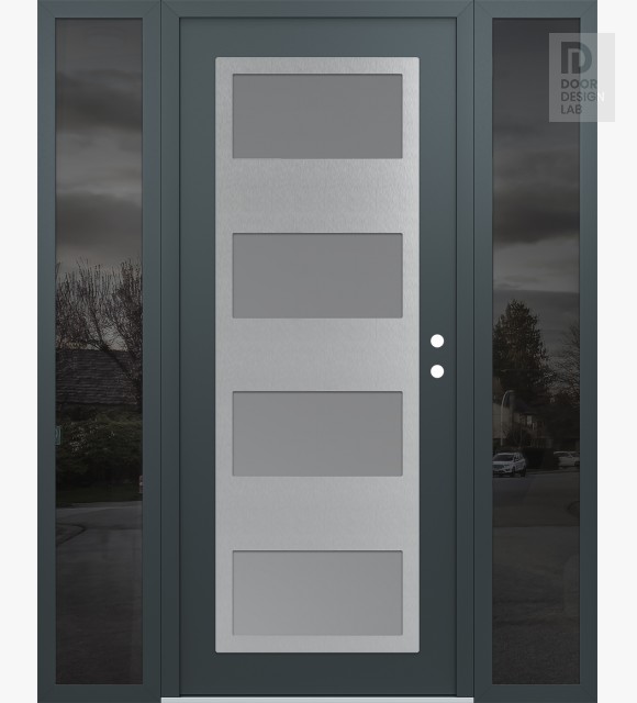 Modern Steel Front Door Diamond C2 60" x 80" anthracite/anthracite frosted Glass Panel stainless steel LHI with 2 Sidelites mirrored Glass