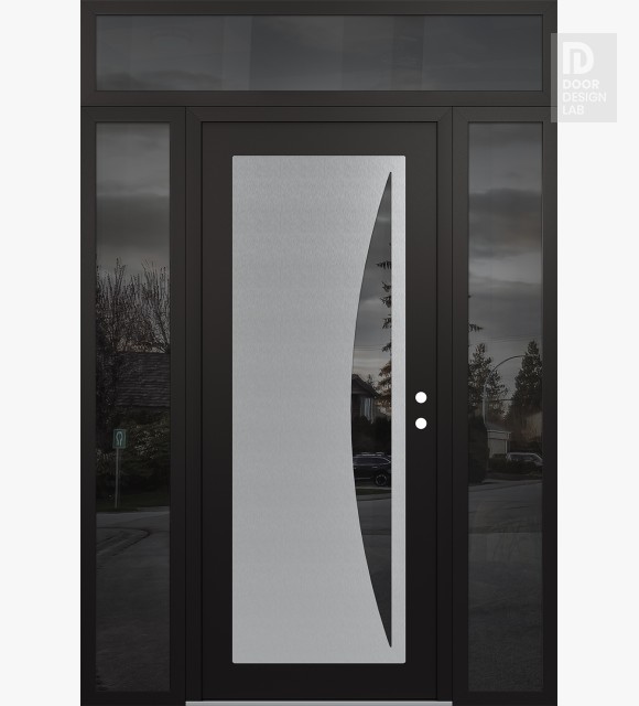 Modern Steel Front Door Diamond C13 68" x 96" black/black mirrored Glass Panel stainless steel LHI with 2 Sidelites and Transom mirrored Glass