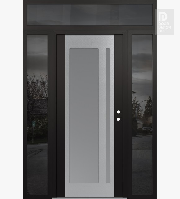 Modern Steel Front Door Diamond C15 68" x 96" black/white frosted Glass Panel stainless steel LHI with 2 Sidelites and Transom mirrored Glass
