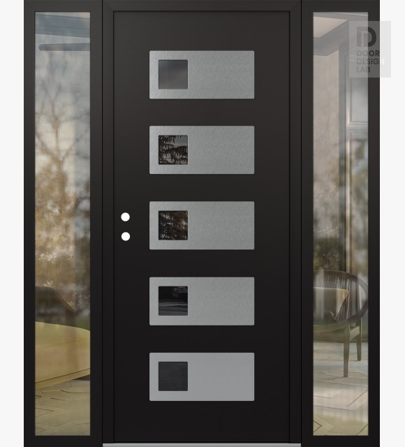 Modern Steel Front Door Diamond D2 64" x 80" black/black mirrored Glass Panel stainless steel RHI with 2 Sidelites clear Glass
