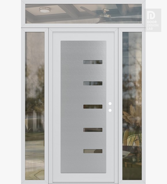 Modern Steel Front Door Diamond C8 64" x 96" white/white clear Glass Panel stainless steel LHI with 2 Sidelites and Transom clear Glass