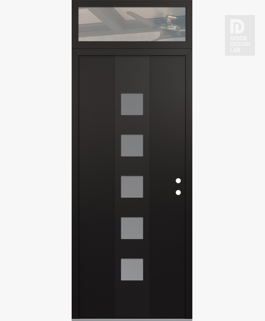 Modern Steel Front Door DIAMOND A13 36" X 96" BLACK/WHITE FROSTED GLASS PANEL BLACK LHI WITH TRANSOM CLEAR GLASS