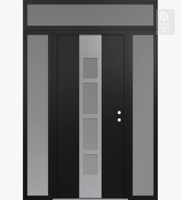 Modern Steel Front Door DIAMOND A10 60" X 96" BLACK/WHITE FROSTED GLASS PANEL STAINLESS STEEL LHI WITH 2 SIDELITES AND TRANSOM FROSTED GLASS