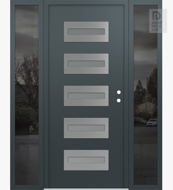 Modern Steel Front Door Diamond D4 68" x 80" anthracite/anthracite frosted Glass Panel stainless steel LHI with 2 Sidelites mirrored Glass