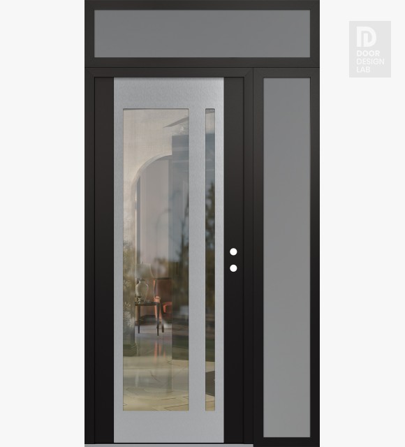 Modern Steel Front Door Diamond C15 52" x 96" black/black clear Glass Panel stainless steel LHI with Sidelite and Transom frosted Glass