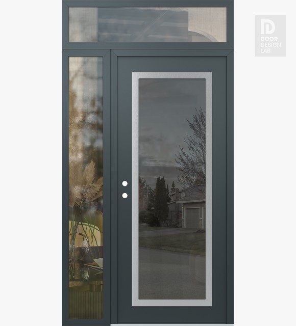 Modern Steel Front Door Diamond C1 48" x 96" anthracite/anthracite mirrored Glass Panel stainless steel RHI with Sidelite and Transom clear Glass