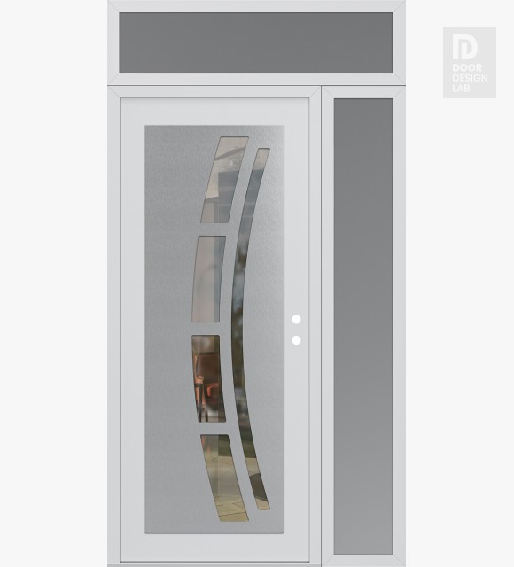 Modern Steel Front Door Diamond C12 52" x 96" white/white clear Glass Panel stainless steel LHI with Sidelite and Transom frosted Glass