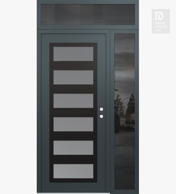 Modern Steel Front Door Diamond C9 52" x 96" anthracite/anthracite frosted Glass Panel black LHI with Sidelite and Transom mirrored Glass