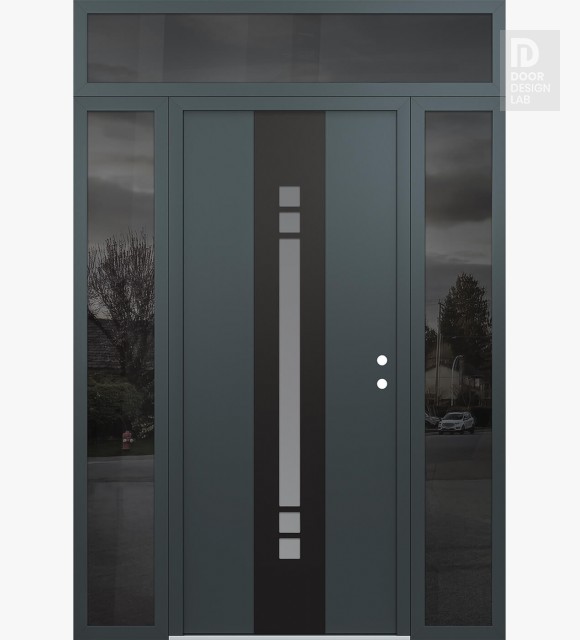 Modern Steel Front Door DIAMOND A4 60" X 96" ANTHRACITE/ANTHRACITE FROSTED GLASS PANEL BLACK LHI WITH 2 SIDELITES AND TRANSOM MIRRORED GLASS