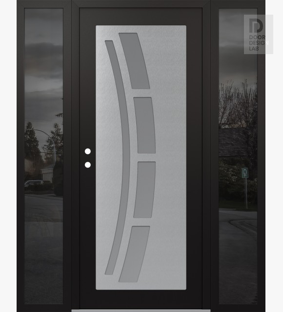 Modern Steel Front Door Diamond C12 64" x 80" black/white frosted Glass Panel stainless steel RHI with 2 Sidelites mirrored Glass