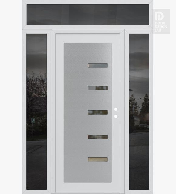 Modern Steel Front Door Diamond C8 68" x 96" white/white clear Glass Panel stainless steel LHI with 2 Sidelites and Transom mirrored Glass