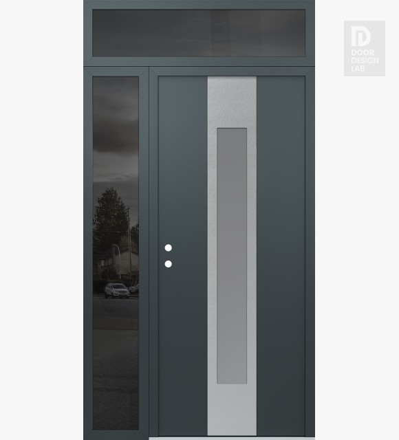 Modern Steel Front Door DIAMOND A1 52" X 96" ANTHRACITE/ANTHRACITE FROSTED GLASS PANEL STAINLESS STEEL RHI WITH SIDELITE AND TRANSOM MIRRORED GLASS