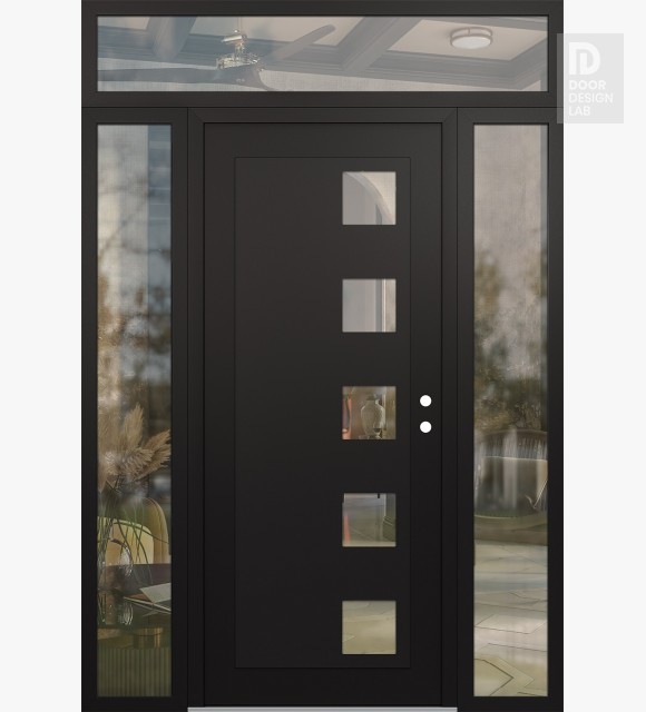 Modern Steel Front Door Diamond C5 64" x 96" black/black clear Glass Panel black LHI with 2 Sidelites and Transom clear Glass