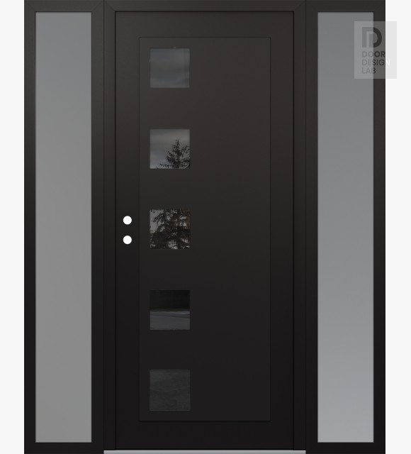 Modern Steel Front Door Diamond C5 64" x 80" black/black mirrored Glass Panel black RHI with 2 Sidelites frosted Glass