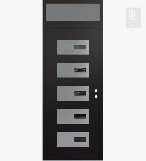 Modern Steel Front Door Diamond D7 36" x 96" black/black mirrored Glass Panel stainless steel LHI with Transom frosted Glass