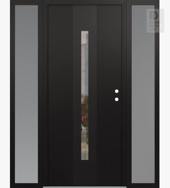 Modern Steel Front Door DIAMOND A2 68" X 80" BLACK/BLACK CLEAR GLASS PANEL BLACK LHI WITH 2 SIDELITES FROSTED GLASS