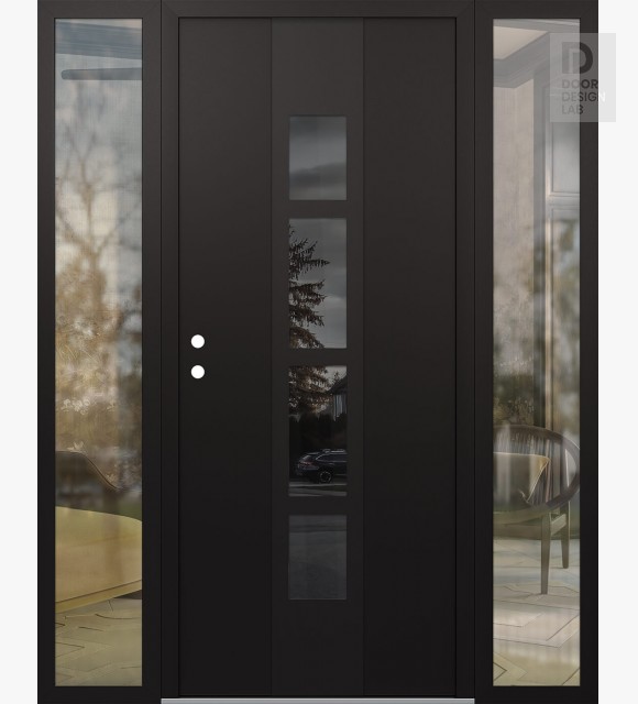 Modern Steel Front Door DIAMOND A10 68" X 80" BLACK/BLACK MIRRORED GLASS PANEL BLACK RHI WITH 2 SIDELITES CLEAR GLASS