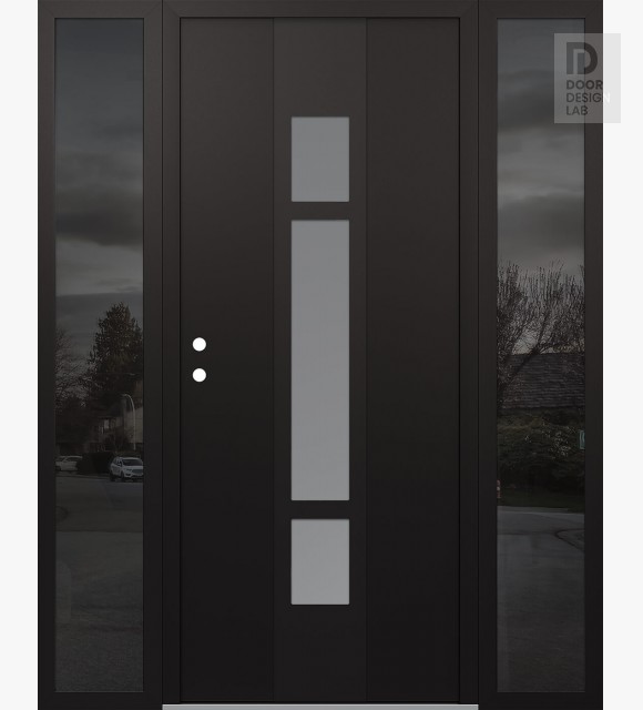Modern Steel Front Door DIAMOND A9 60" X 80" BLACK/WHITE FROSTED GLASS PANEL BLACK RHI WITH 2 SIDELITES MIRRORED GLASS