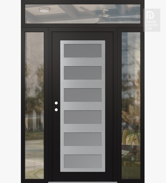 Modern Steel Front Door Diamond C9 60" x 96" black/white frosted Glass Panel stainless steel RHI with 2 Sidelites and Transom clear Glass