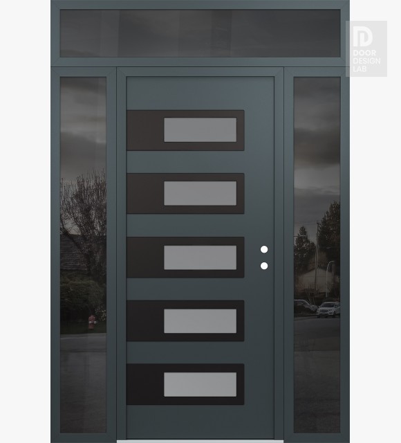 Modern Steel Front Door Diamond D3 60" x 96" anthracite/anthracite frosted Glass Panel black LHI with 2 Sidelites and Transom mirrored Glass
