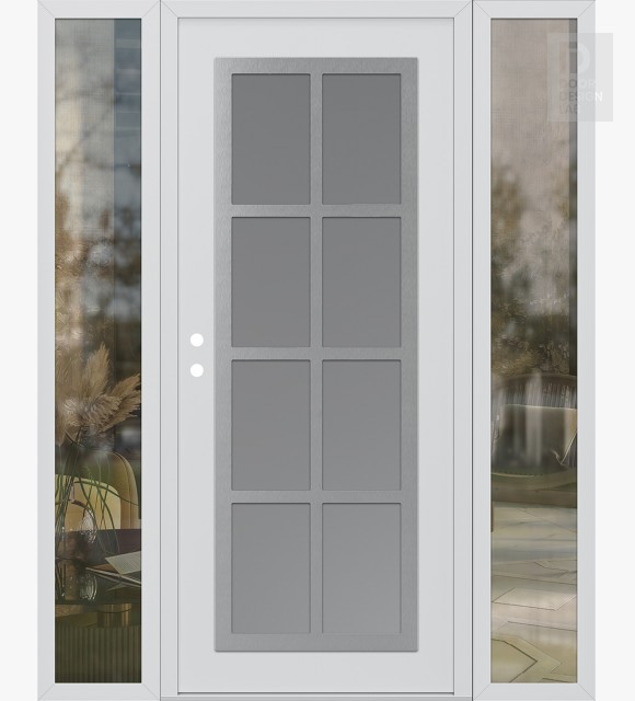 Modern Steel Front Door Diamond C16 60" x 80" white/white frosted Glass Panel stainless steel RHI with 2 Sidelites clear Glass