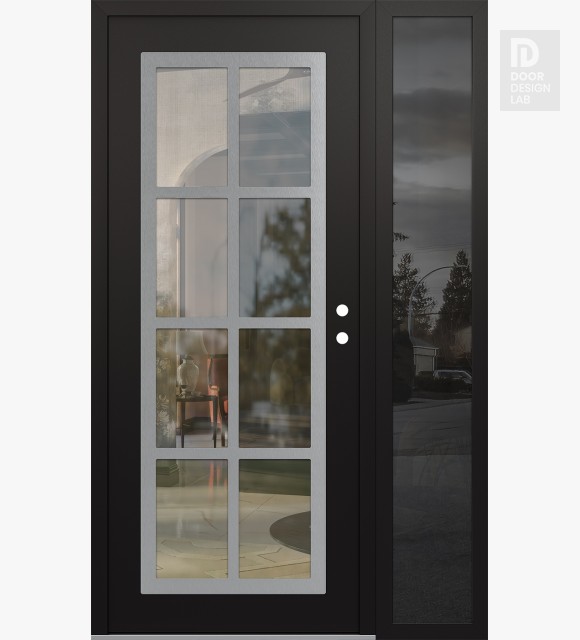 Modern Steel Front Door Diamond C16 52" x 80" black/black clear Glass Panel stainless steel LHI with Sidelite mirrored Glass