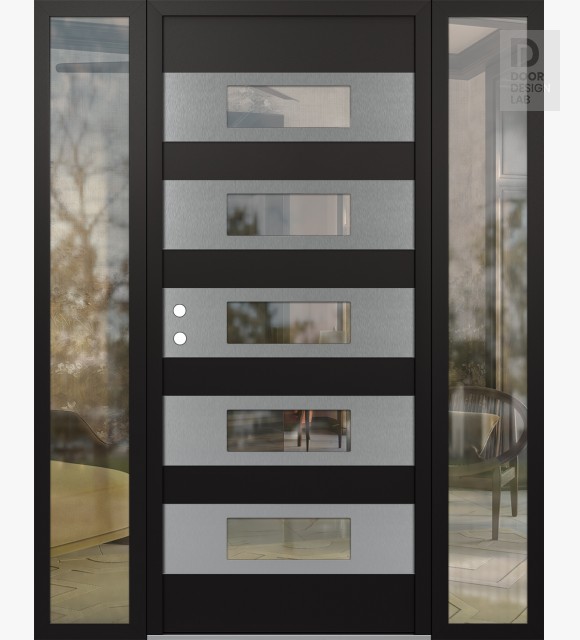 Modern Steel Front Door Diamond D5 68" x 80" black/black clear Glass Panel stainless steel RHI with 2 Sidelites clear Glass